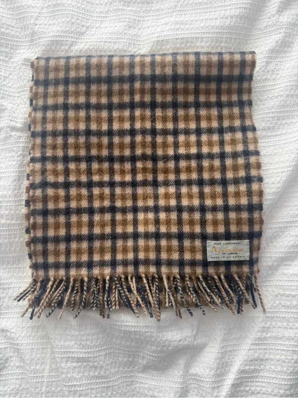 Aquascutum London EUC Tan and Black Plaid Wool Scarf